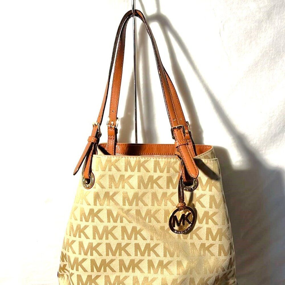 Michael Kors Jet Set Jacquard Signature Tote with Tan Leather Trim